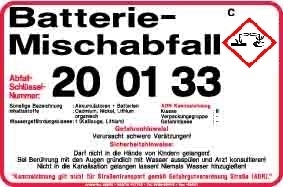 Batterie-/Mischabfall EAK 200133
